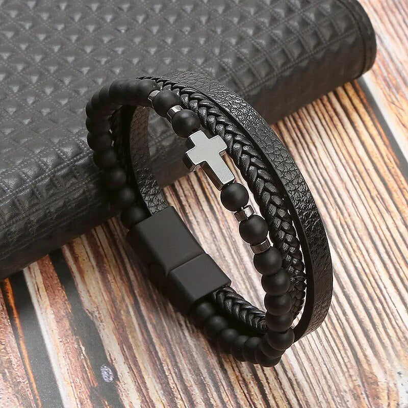 Leather bracelet cross black