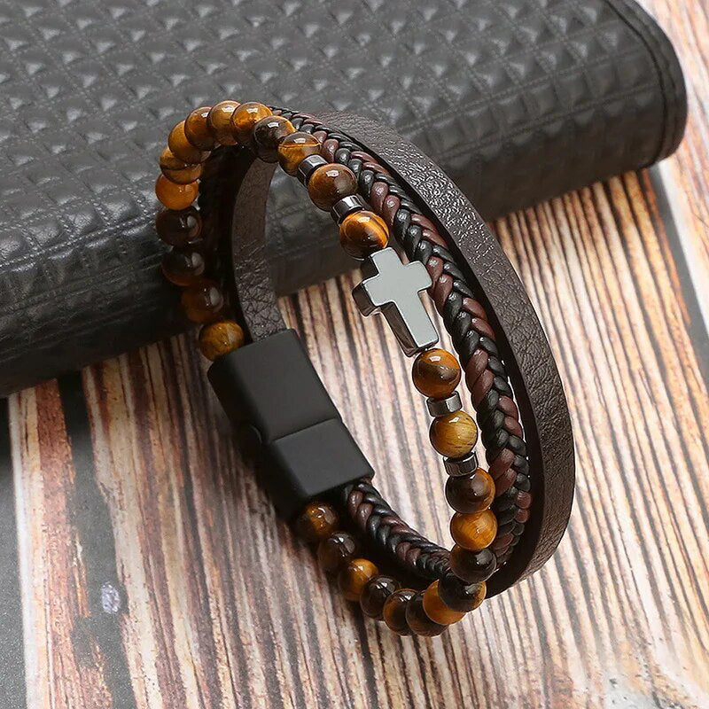 Leather bracelet cross tiger stone