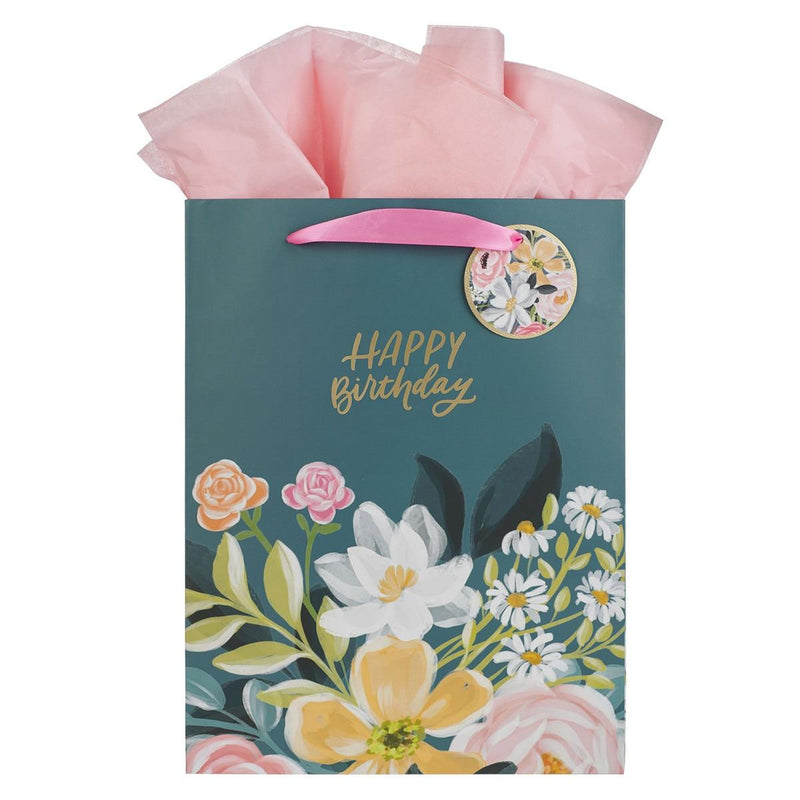 Dark Floral Happy Birthday Gift Bag LG Portrait