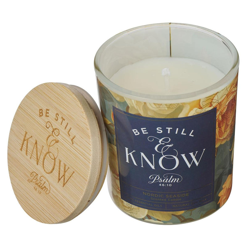 Floral Be Still Ps. 46:10 Glass Candle w/Bamboo Lid
