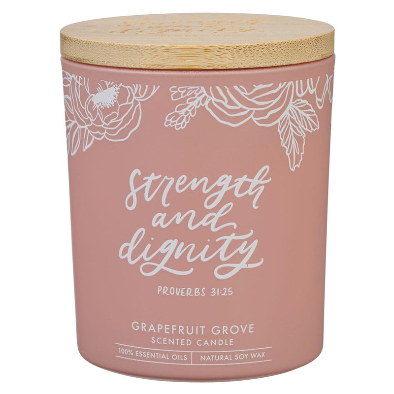 Pink Strength & Dignity Prov. 31:25 Glass Candle w/Bamboo Lid