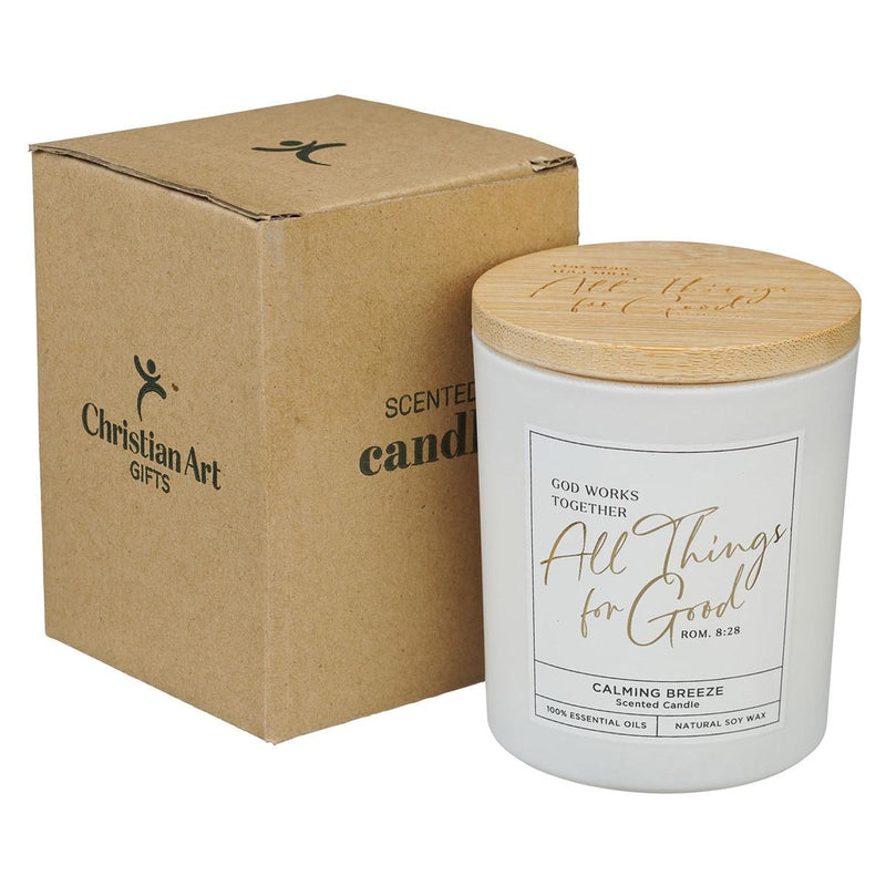 White God Works Rom. 8:28 Glass Candle w/Bamboo Lid