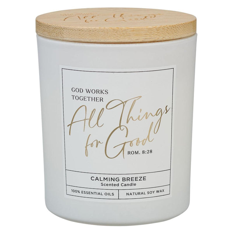 White God Works Rom. 8:28 Glass Candle w/Bamboo Lid