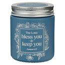 Bless You and Keep You Num. 6:24 Glass Candle w/Screw Top Lid Blue