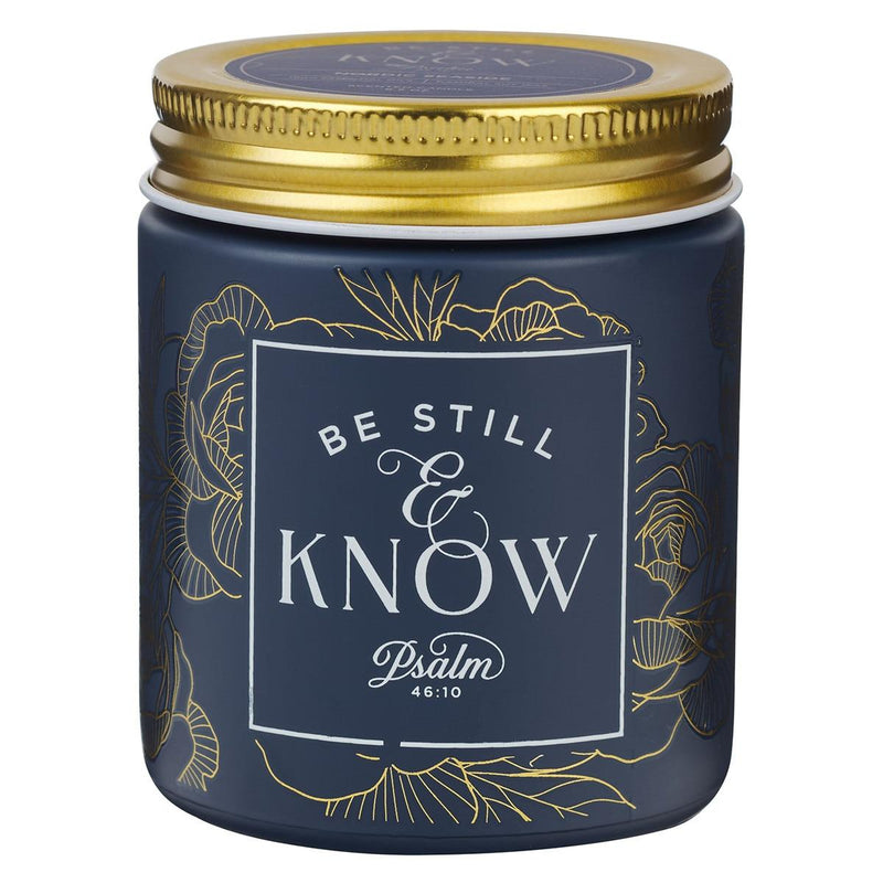 Be Still Ps. 46:10 Glass Candle w/Screw Top Lid Navy
