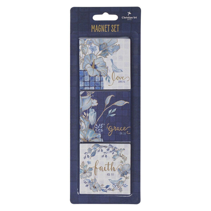 Love Grace Faith Magnet Set Blue Floral