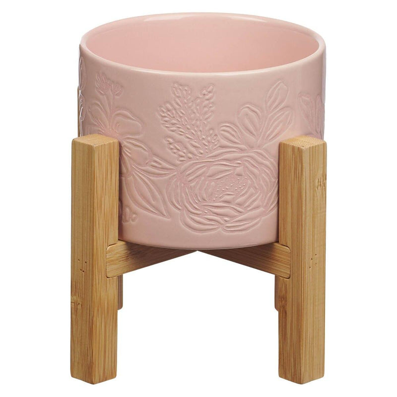 Planter w/Wood Stand Pink Floral Phil. 1:6
