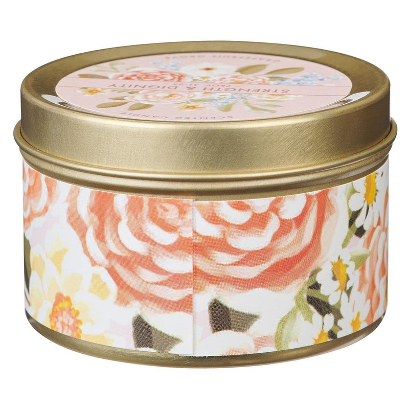 Strength & Dignity Prov. 31:25 Tin Candle Floral Pink