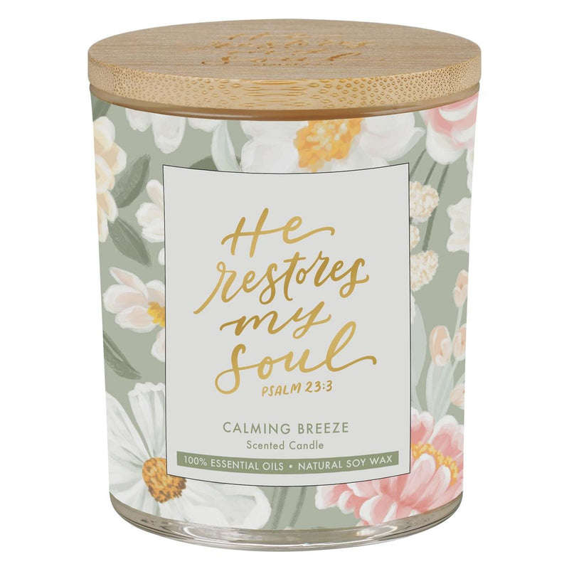 He Restores my Soul Ps. 23:3 Glass Candle w/Bamboo Lid Floral 