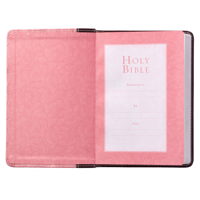 KJV Bible Compact Faux Leather, Brown/Pink Leaf