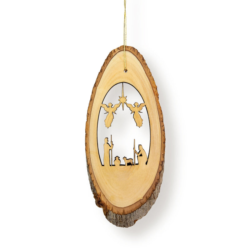 Holy Land Olive Wood Live Edge Oval Slab Shepherds with Angels Ornament