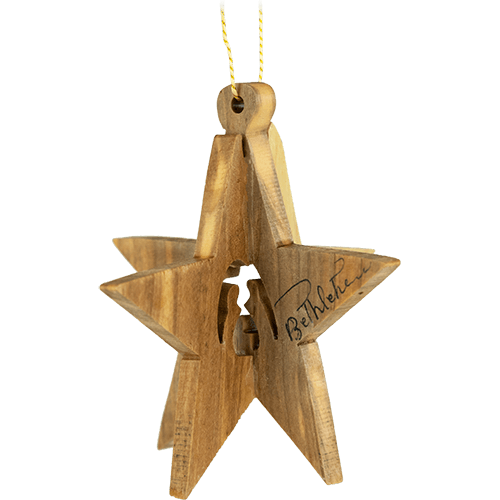 Holy Land Olive Wood 3D Bethlehem Star and Holy Family Ornament
