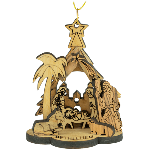 Olive Wood 3D Nativity Star and Shepherds Ornament