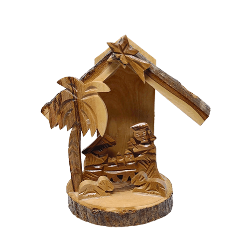 Holy Land Olive Wood Nativity Scene 3D Grotto Ornament Bark - Medium