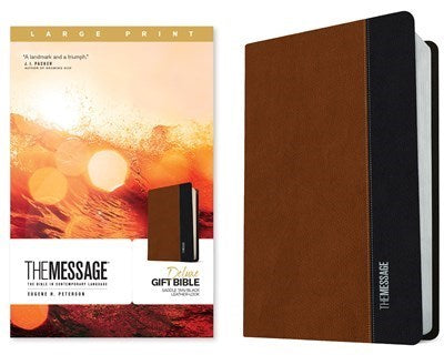 The Message Deluxe Gift Bible/Large Print-Saddle Tan/Black Leather-Look
